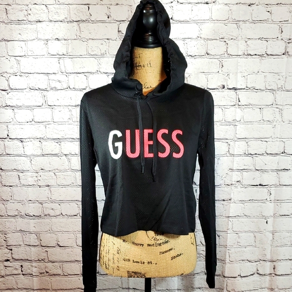 Guess Tops - GUESS 'Eliza' Mesh Cropped Black Hooded Long Sleeve Top Size M NWT
